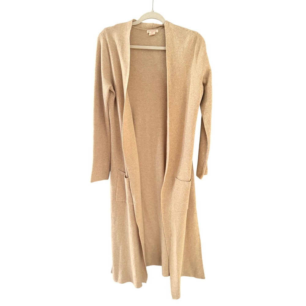 For Thee Women Tan Beige 100% Cotton Longline Duster Cardigan Sweater Pockets M